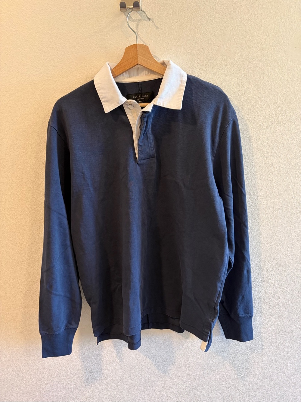 rag & bone navy long sleeve rugby shirt with white collar
